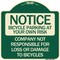 Signmission Bicycle Parking at Your Own Risk Company Not Responsible for Loss or Damage to Bicycle, G-1818-24323 A-DES-G-1818-24323 - alternate 1